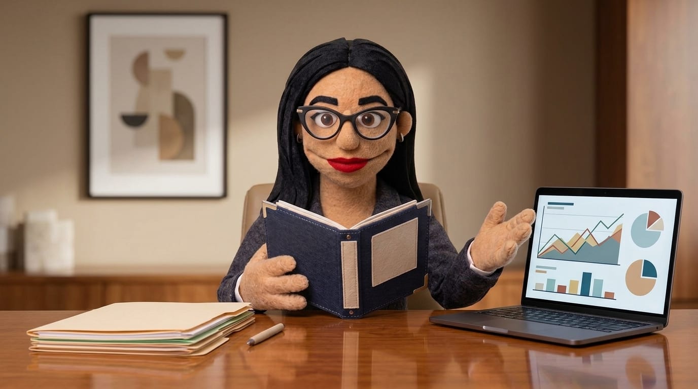 A felt puppet character in a dark blazer sitting at a wealth-management office desk, holding an open ledger and gesturing toward a laptop showing an abstract portfolio chart.