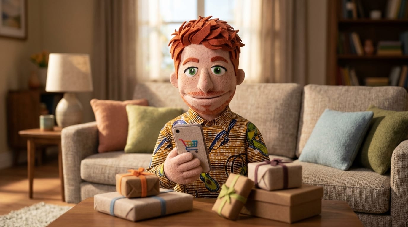 Felt puppet character holding a smartphone with a shopping cart icon, surrounded by wrapped packages on a coffee table, representing AI agents shopping and paying on a consumer behalf.