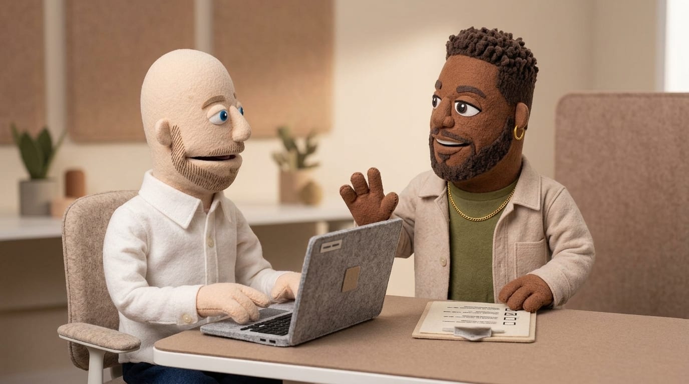 Two felt puppet characters in an office: one seated at a laptop, the other standing beside the desk with a hand raised in an approval gesture, reviewing a plain clipboard before the first proceeds.