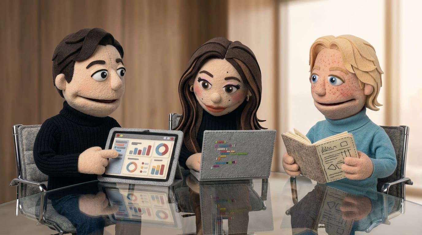 Three felt puppet characters sit together around a glass conference table reviewing a tablet, laptop, and ledger showing abstract charts, in an enterprise governance meeting.