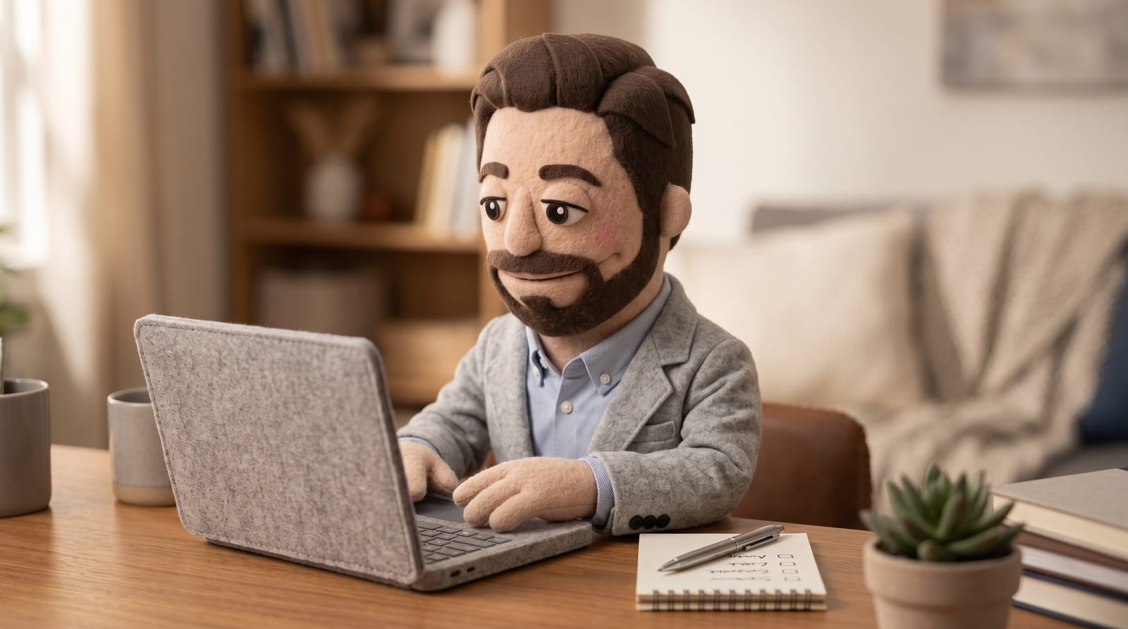 Felt puppet character with brown wavy hair and beard sitting at a desk thoughtfully typing on a laptop next to a notepad with a handwritten-style checklist