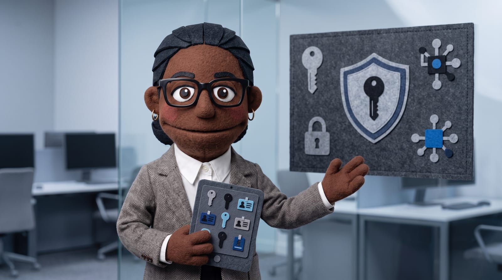 Felt puppet security professional with glasses and a tweed blazer holding a tablet showing a grid of key and badge icons, standing in a modern security operations office