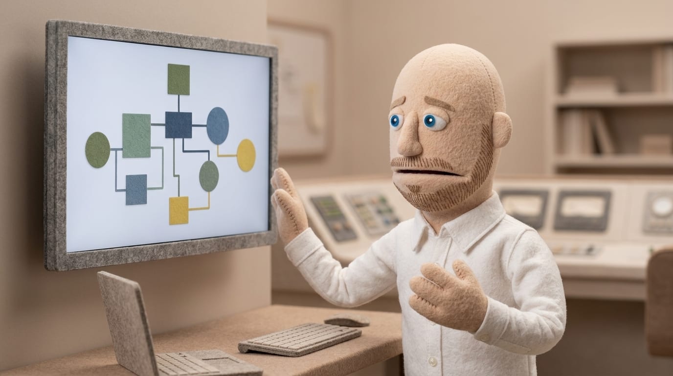 Photorealistic felt puppet operations manager, bald with a stubble beard and blue eyes, wearing a white button-down shirt, standing with a concerned searching expression in front of a wall-mounted monitor showing an abstract flowchart, in an office control room, representing the challenge of seeing what AI agents are actually doing.