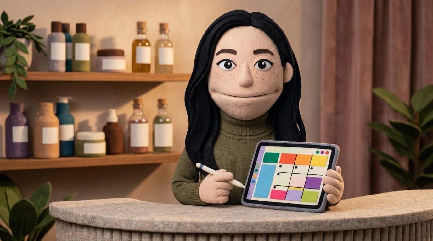 A felt puppet character with long black hair and freckles stands behind a salon reception counter holding a tablet showing an abstract booking calendar