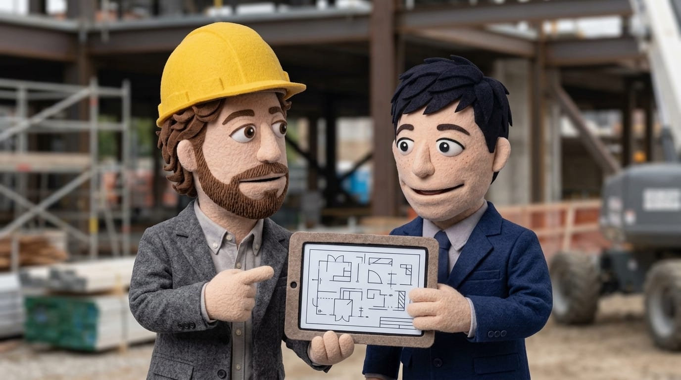 Two felt puppet characters, one in a yellow hard hat and gray blazer and one in a navy suit, reviewing an abstract blueprint on a tablet together on a construction jobsite with scaffolding in the background.