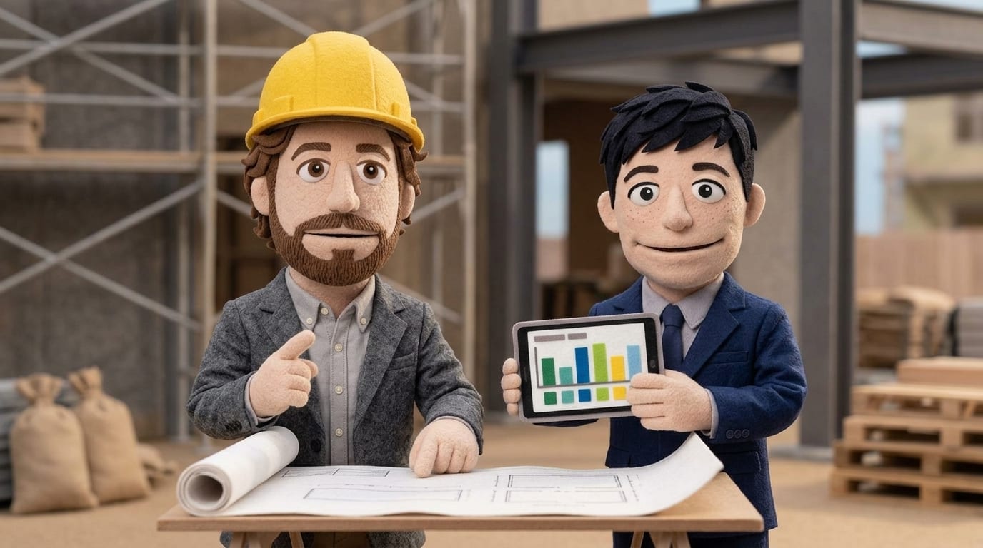 Felt puppet characters in a hard hat and a navy suit reviewing blueprints and a tablet dashboard at a construction jobsite