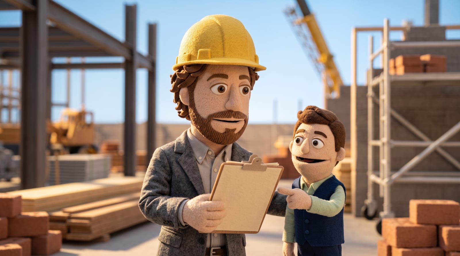 Felt-puppet-style illustration of a construction worker in a yellow hard hat holding a clipboard on a jobsite, with a small AI agent puppet character beside him, soft indigo lighting