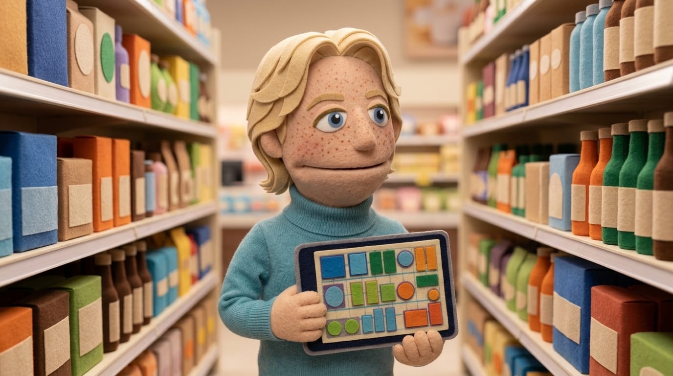 Felt puppet character standing in a grocery store aisle holding a tablet showing a colorful shelf planogram, representing AI agents helping consumer packaged goods brands plan retail execution.