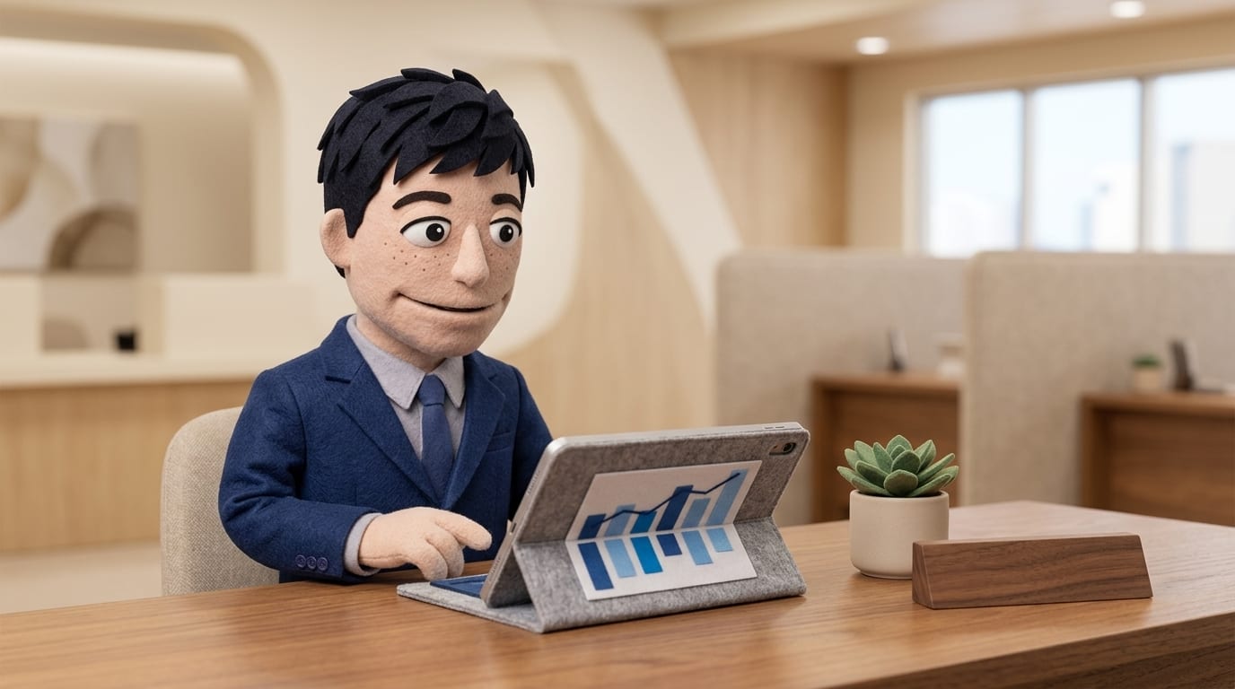 A felt puppet character in a navy suit sitting alone at a credit-union branch desk, reviewing a tablet with an abstract blue bar-chart dashboard.