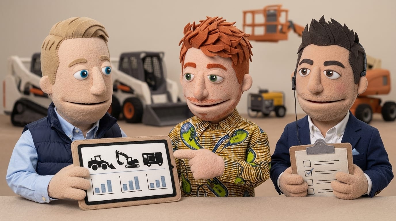 Three felt puppet characters at an equipment rental counter reviewing a tablet with equipment icons, construction machinery blurred in the background