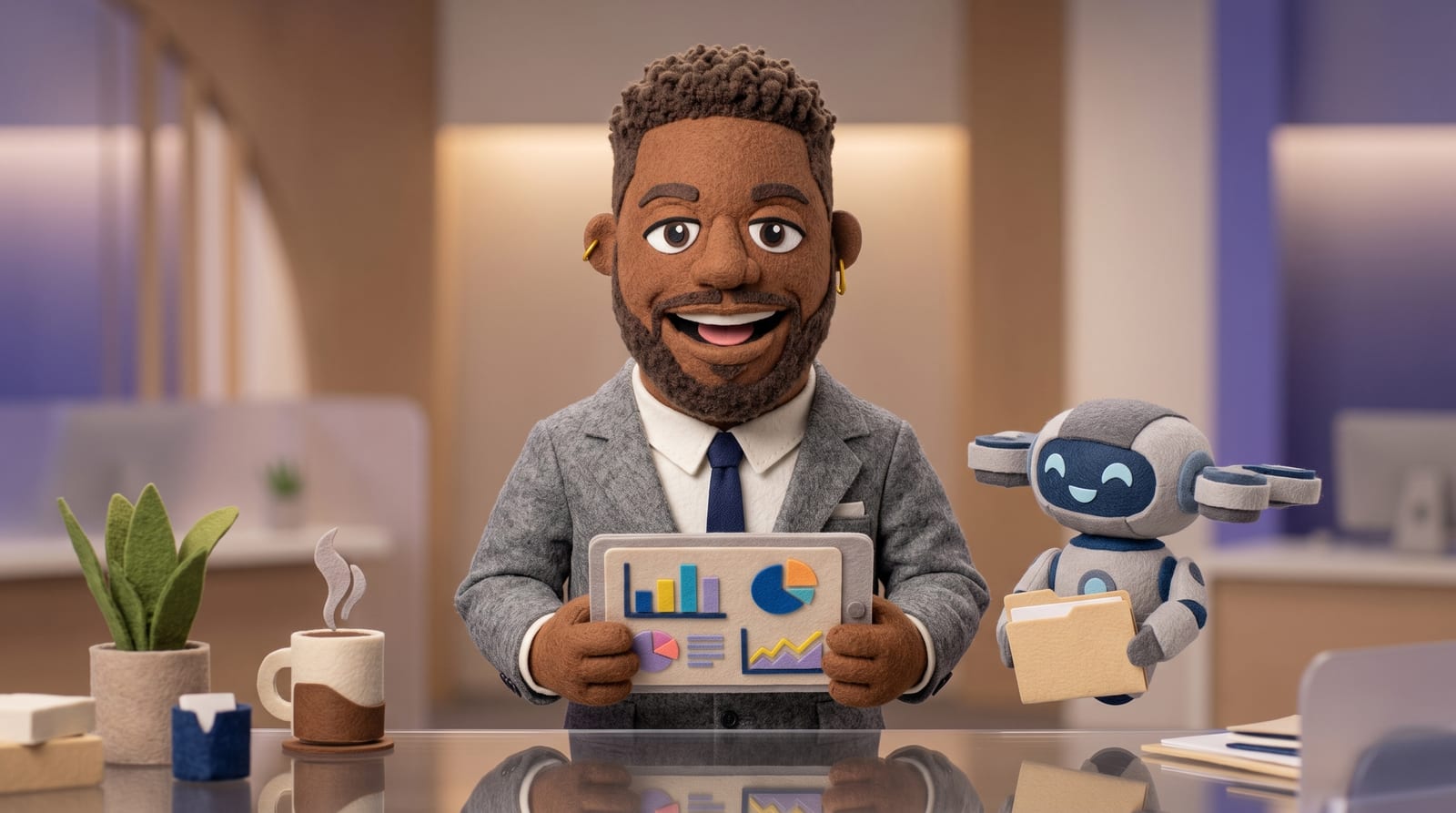 Felt-puppet-style illustration of a man in a tan jacket with a gold chain reviewing a felt tablet with abstract dashboard shapes at a financial office desk, with a small AI agent puppet character holding a folder beside him
