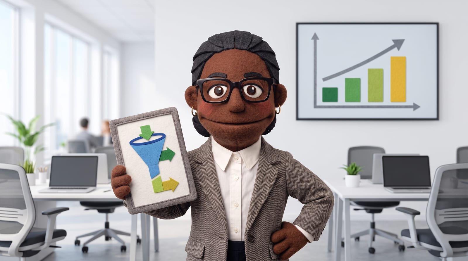 Felt puppet character in a blazer standing in a modern sales office, holding a tablet showing an abstract sales funnel diagram, with a wall screen behind showing an abstract upward trending bar chart