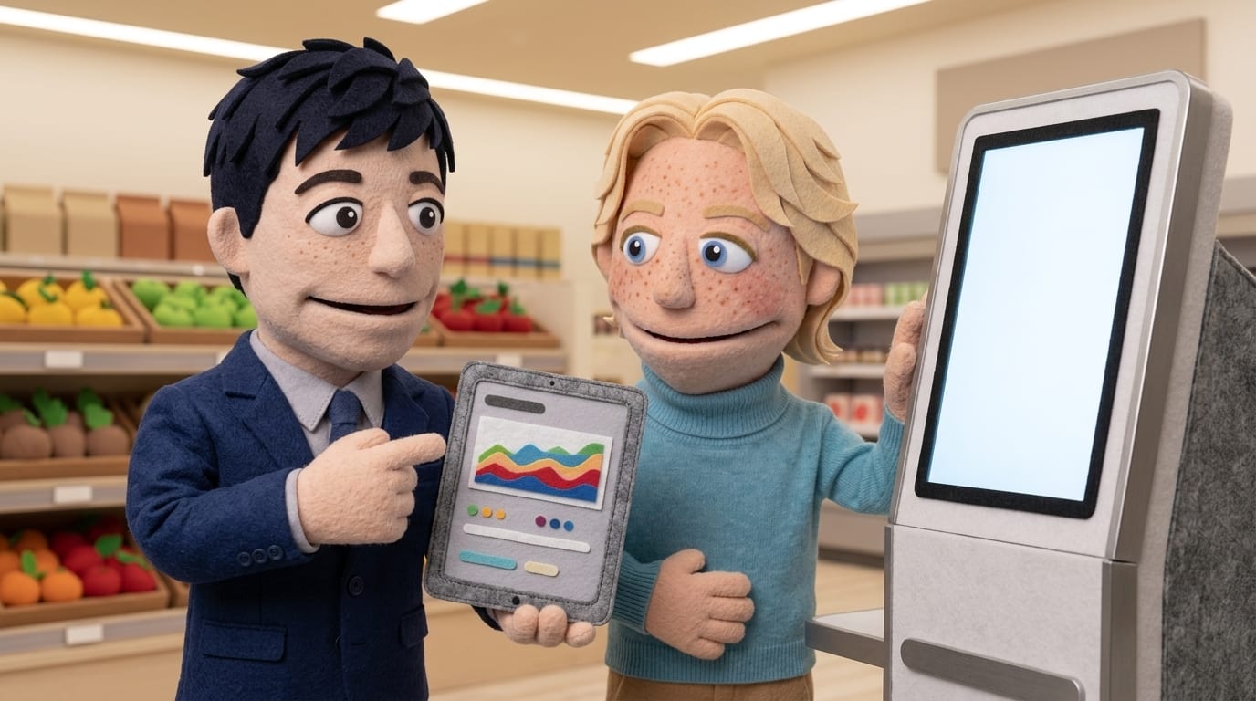 Two felt puppet characters at a grocery self-checkout kiosk reviewing an abstract chart on a tablet