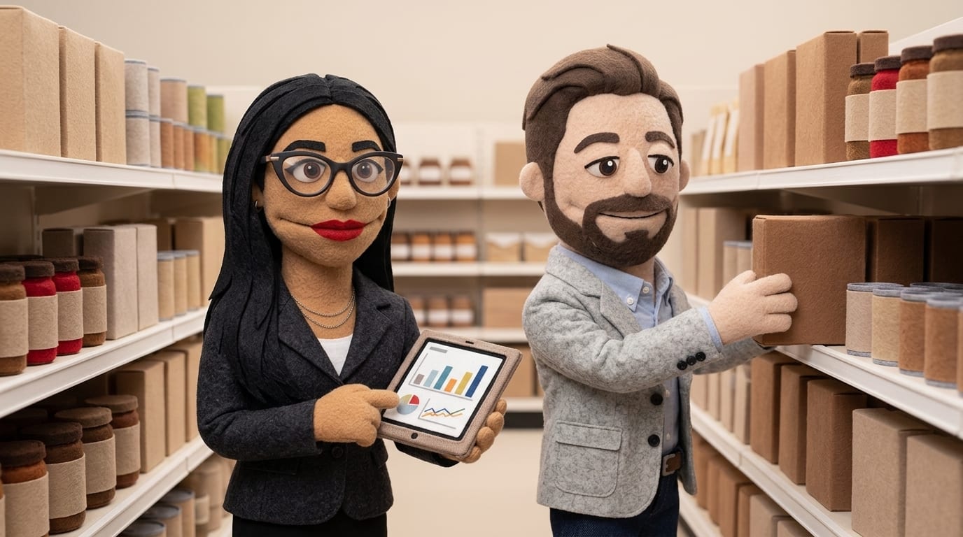 Two felt puppet characters working together in a grocery store aisle, one holding a tablet with an abstract bar-chart dashboard, the other restocking a shelf of plain unlabeled boxes.