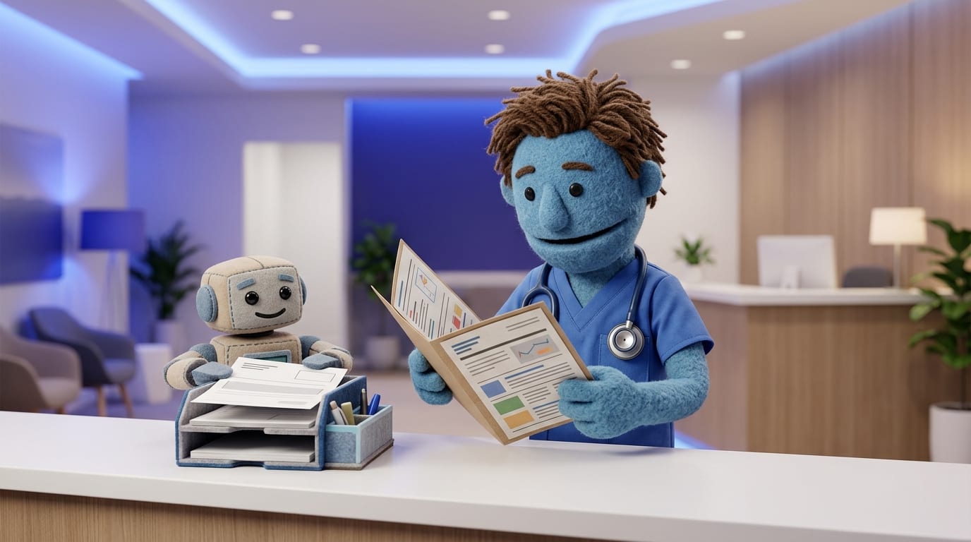 Felt-puppet-style illustration of a healthcare worker at a clinic front desk reviewing a patient chart, with a small AI agent puppet character helping sort papers, soft indigo lighting