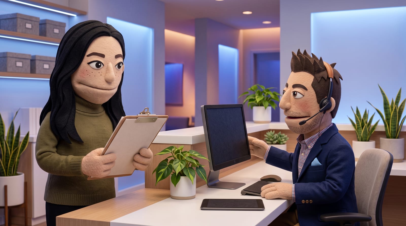 Felt puppet characters at a healthcare clinic front desk: a woman with long black hair and freckles reviewing a patient chart, and a man wearing a headset helping with scheduling at a computer