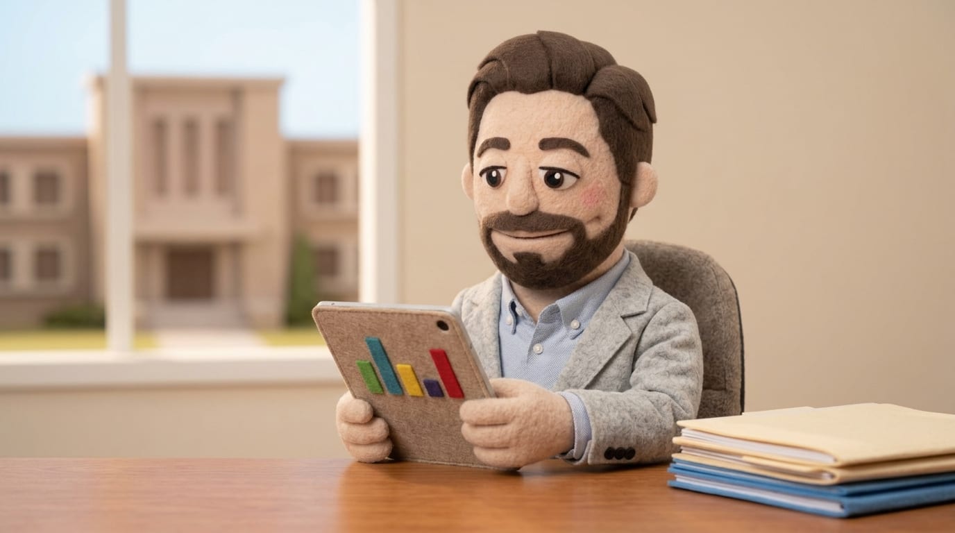 A felt puppet character sits at a university registrar's office desk reviewing a tablet showing an abstract bar-chart dashboard, with folders stacked nearby and a campus building visible through a window.