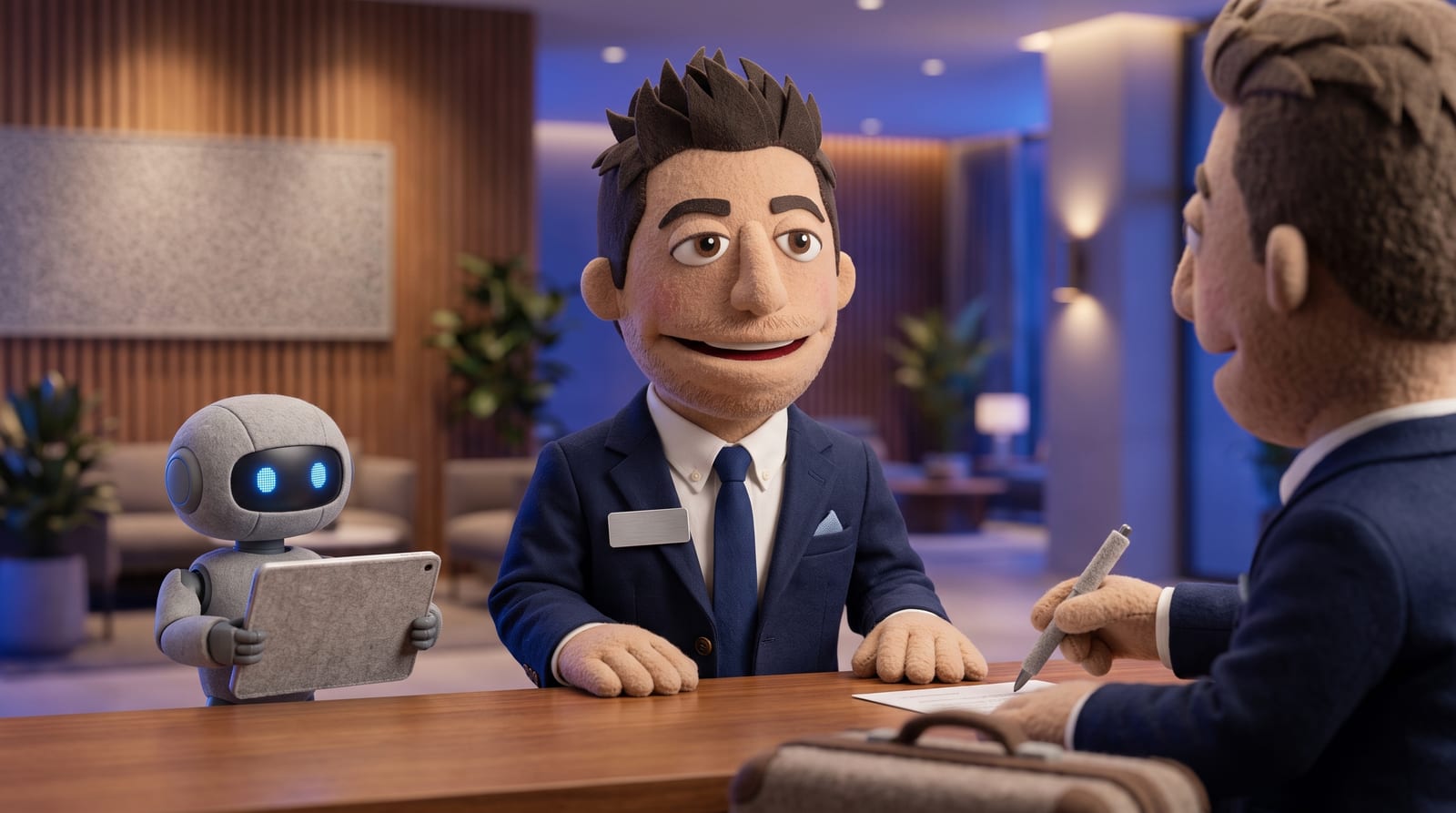 Felt puppet hotel concierge in a navy blazer greeting a guest at the front desk, with a small AI robot assistant puppet holding a tablet, warm indigo-lit lobby