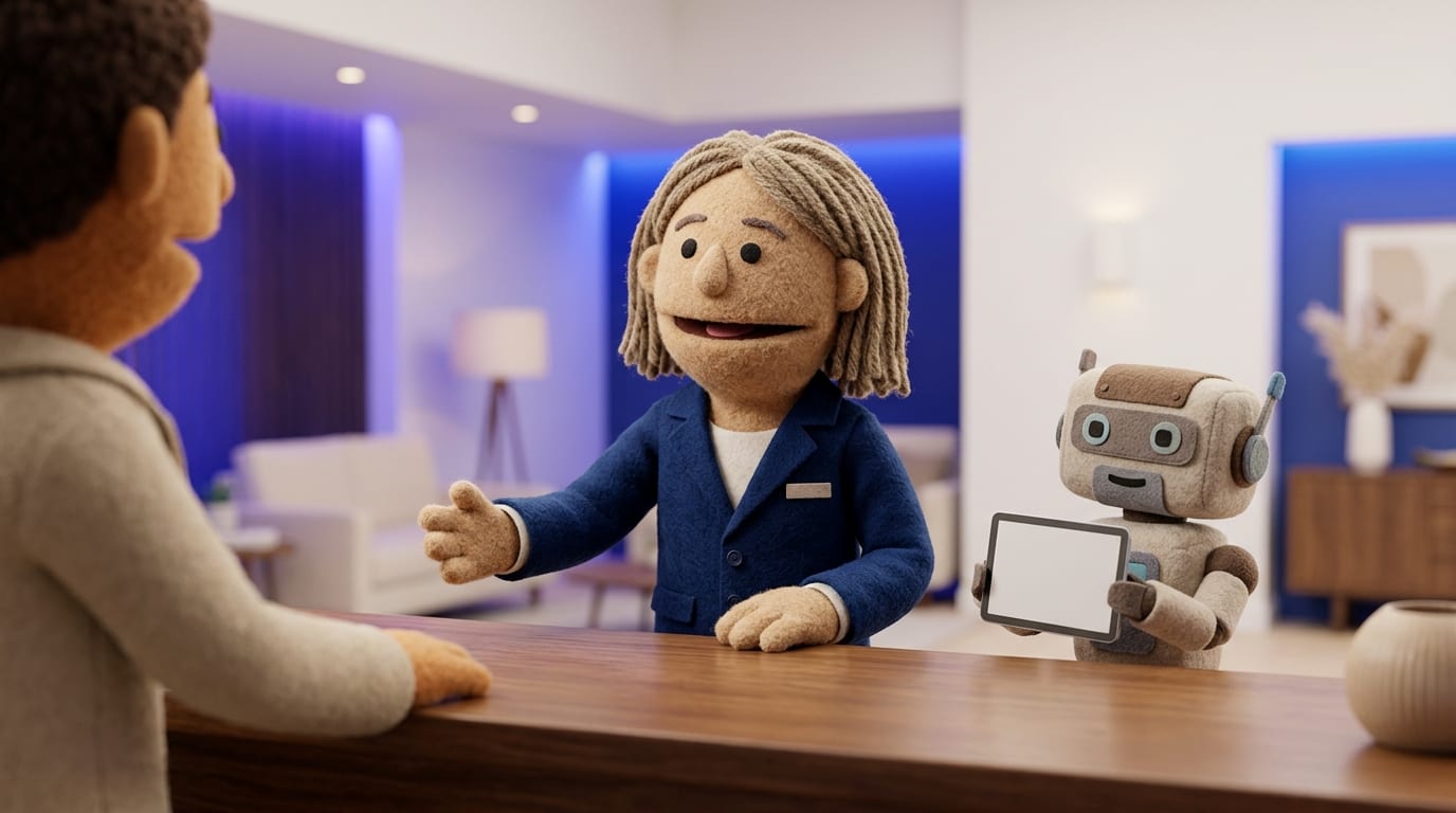 Flat felt-puppet-style illustration of a hotel front desk employee and a small AI agent puppet character warmly greeting a guest, with soft indigo lobby lighting