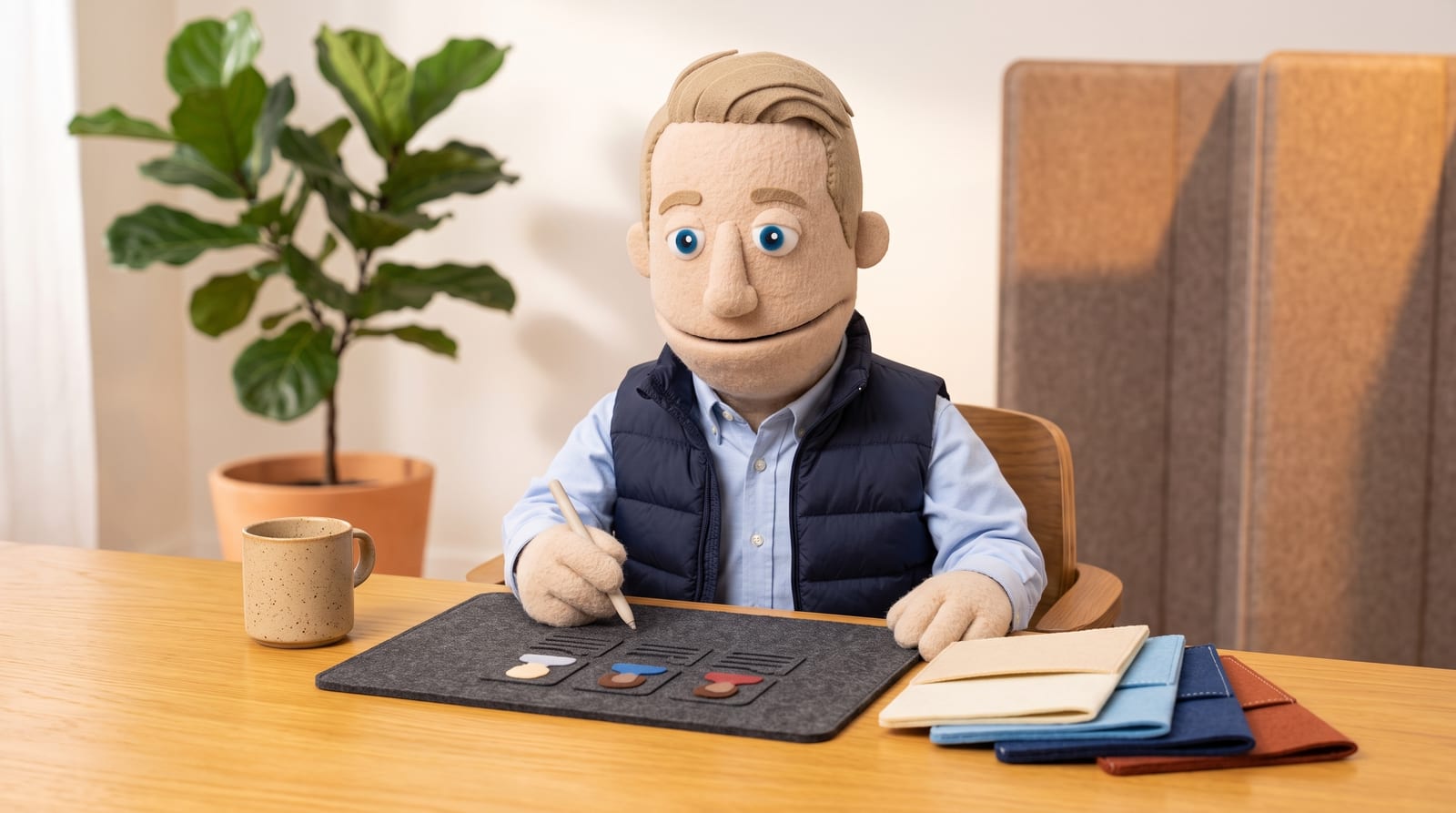 Felt puppet character with sandy blonde hair and blue eyes wearing a navy quilted vest, seated at a desk reviewing a felt tablet showing abstract candidate profile cards next to a stack of felt folders