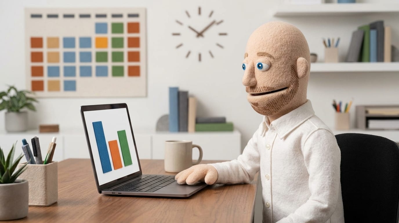A bald felt puppet character with a ginger beard and blue eyes, sitting at an office desk reviewing a laptop showing an abstract bar chart in a bright HR office.