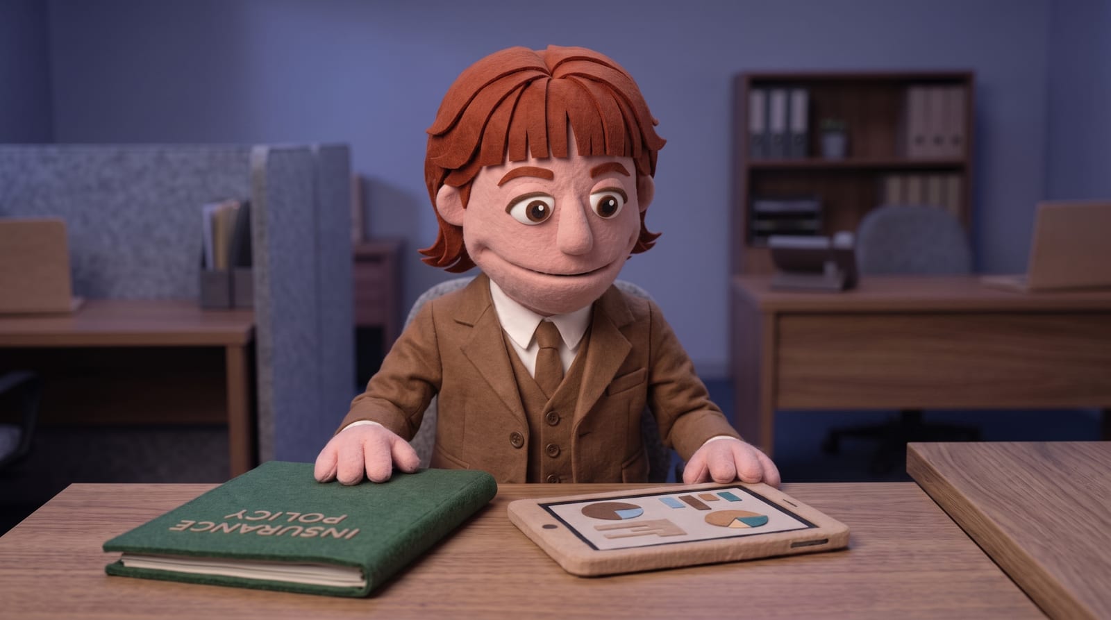 Felt puppet character in a brown three-piece suit reviewing an insurance policy folder and tablet at his desk