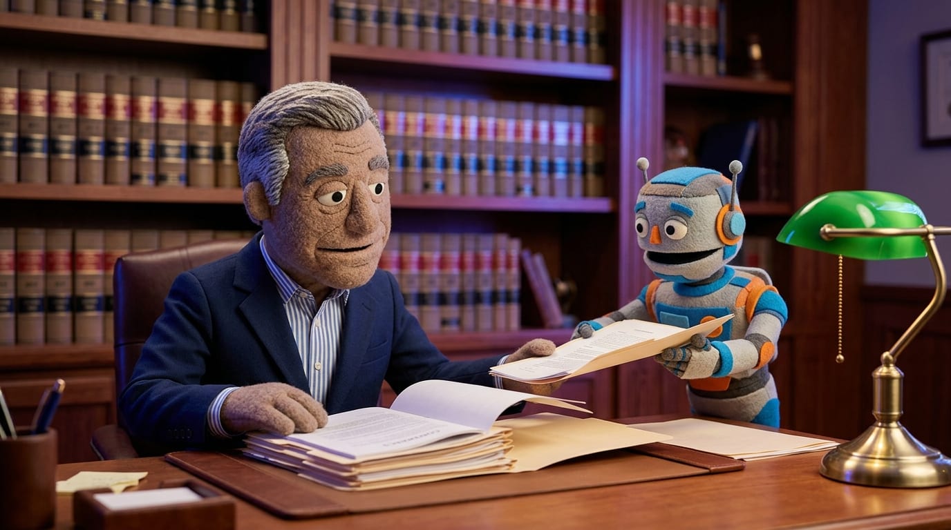 Felt-puppet-style illustration of a lawyer reviewing a stack of paper contracts at a law office desk, with a small AI agent puppet character handing over a folder, soft indigo lighting