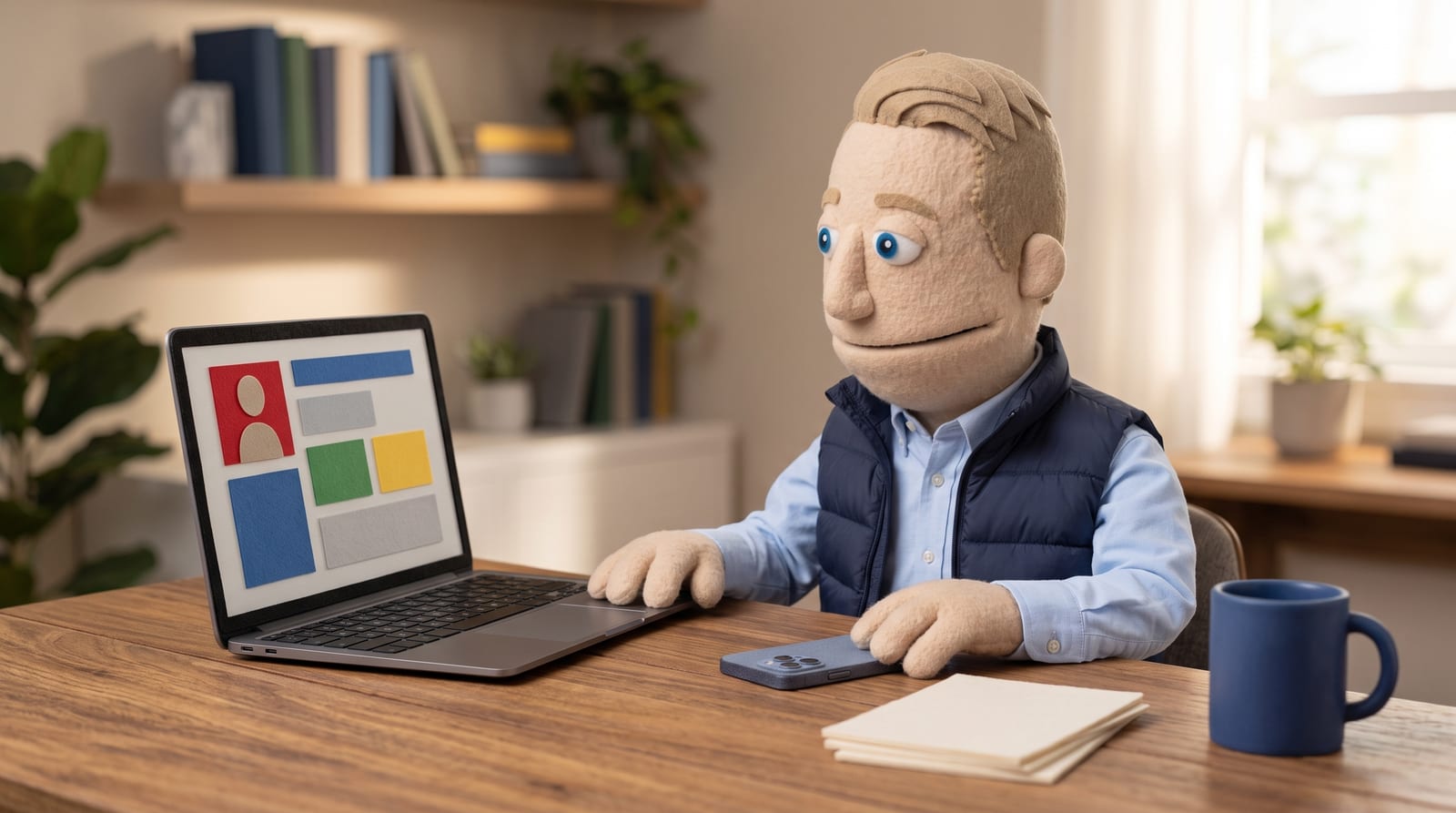 Felt puppet character sitting at a desk in a home office, looking at a laptop showing an abstract profile-card layout, with a smartphone and coffee mug nearby
