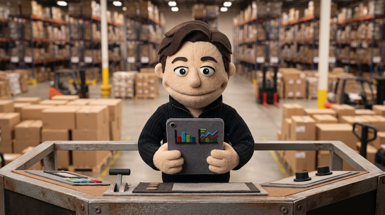 Felt puppet character in a black turtleneck standing at a raised control desk overlooking a warehouse distribution floor, holding a felt tablet with an abstract dashboard, tall warehouse shelving in the background