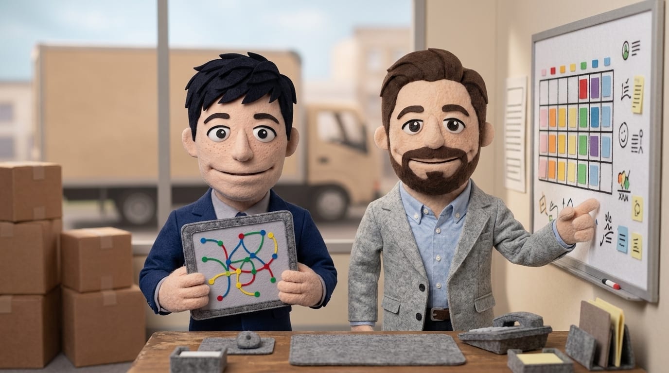Two felt puppet characters in a moving company dispatch office, one holding a tablet showing an abstract route map, the other beside a whiteboard with abstract calendar squares
