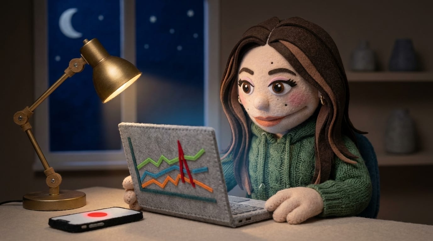 A felt puppet engineer in a knit sweater at a home desk late at night, calmly reviewing line graphs with a red spike on her laptop while her phone shows an alert
