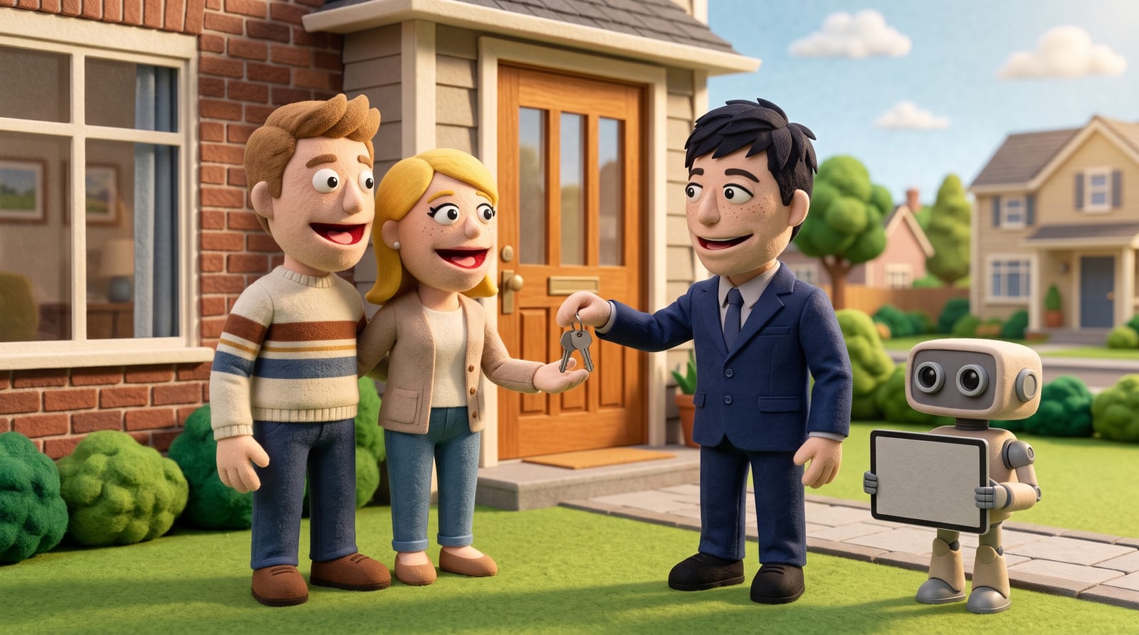 Felt puppet real estate agent in a navy suit handing house keys to a happy couple in front of a suburban home, with a small AI robot assistant puppet nearby