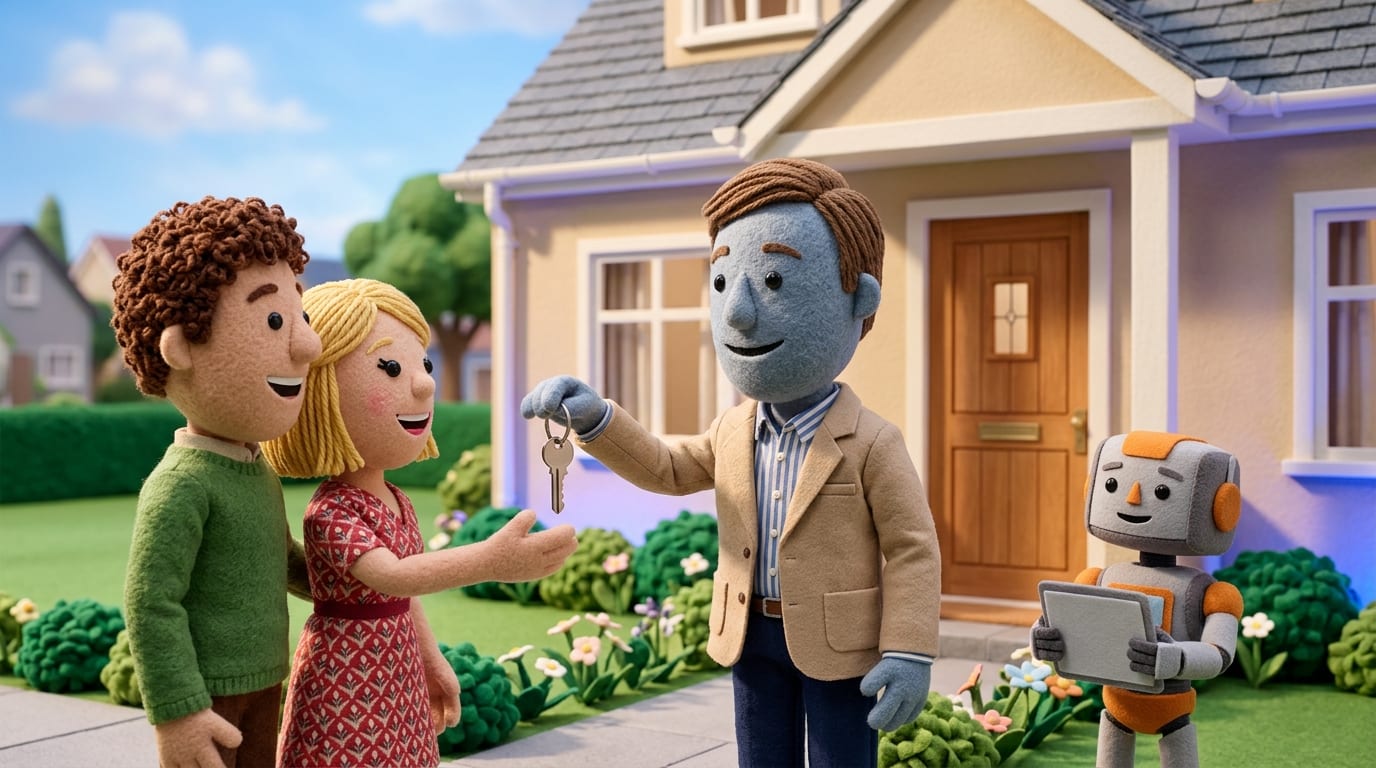 Flat felt-puppet-style illustration of a real estate agent handing house keys to a happy young couple in front of a suburban home, with a small AI agent puppet character holding a tablet nearby