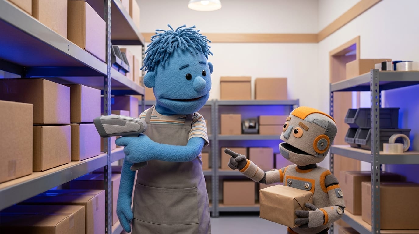Felt-puppet-style illustration of a retail worker scanning boxes on a warehouse shelf, with a small AI agent puppet character holding a package, soft indigo lighting