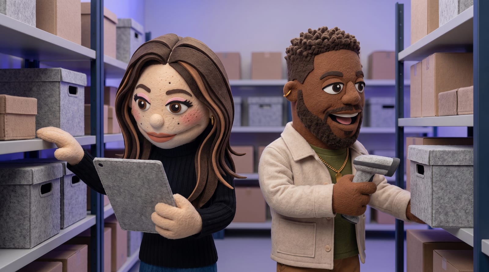 Felt puppet characters in a retail stockroom: a woman with brown balayage hair and freckles checking inventory on a tablet, and a man with a gold chain scanning a box with a barcode scanner