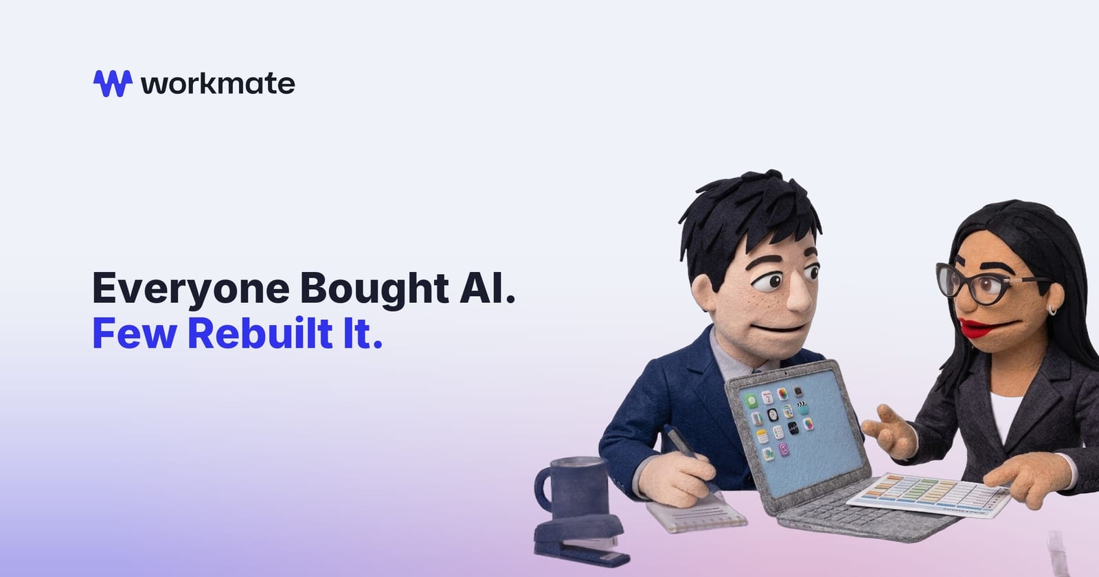 Two felt puppet coworkers in business attire review an open laptop with abstract funnel charts next to the headline Everyone Bought AI. Few Rebuilt It.