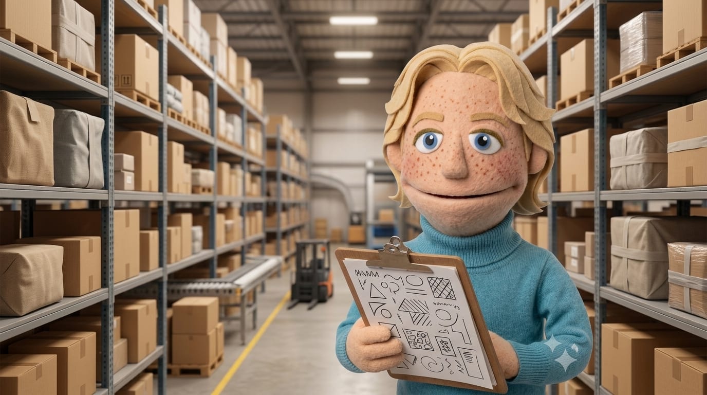 A blonde felt puppet character with freckles and a teal turtleneck, holding a clipboard in a large distribution center with tall shelving stacked with plain unlabeled boxes.