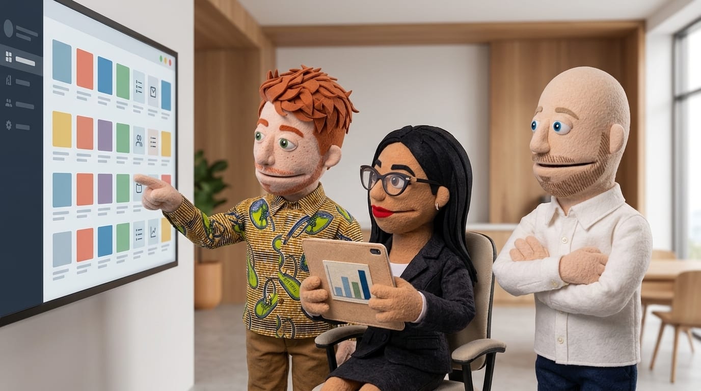 Three felt puppet characters in a clean office reviewing an abstract content-review dashboard on a wall screen and a tablet showing a bar chart