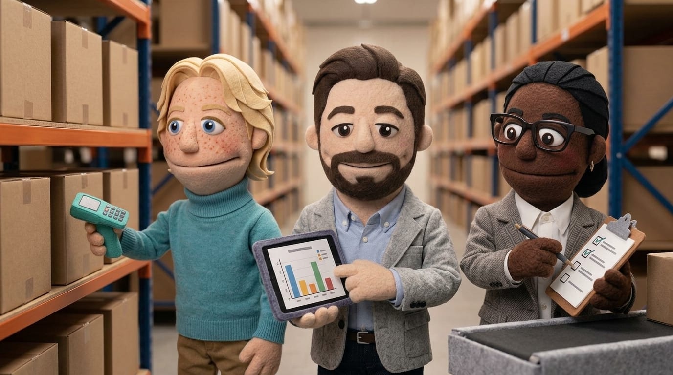 Three felt puppet characters working together in a warehouse, holding a scanner, a tablet inventory dashboard, and a clipboard