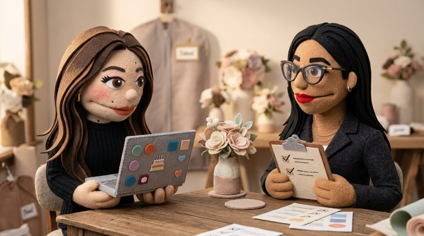 Two felt puppet wedding planners at a desk, one holding a laptop with abstract icons and the other holding a clipboard with abstract checkmarks, with soft felt flowers between them