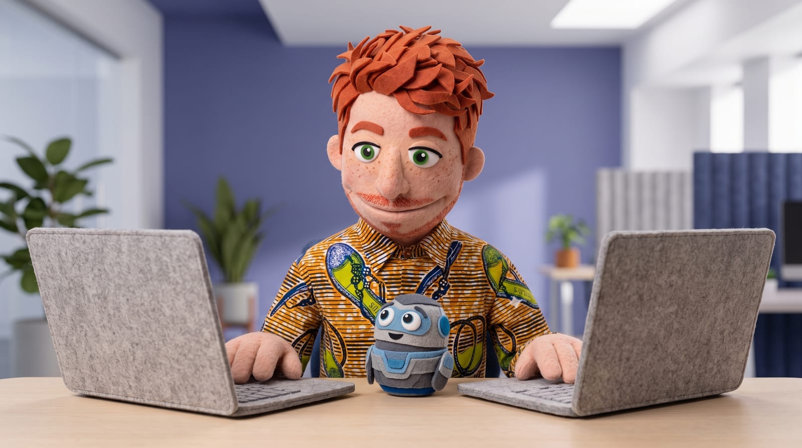 Felt-puppet-style illustration of a red-haired, freckled puppet character comparing two open felt laptops side by side at a desk, with a small AI agent puppet character perched between them