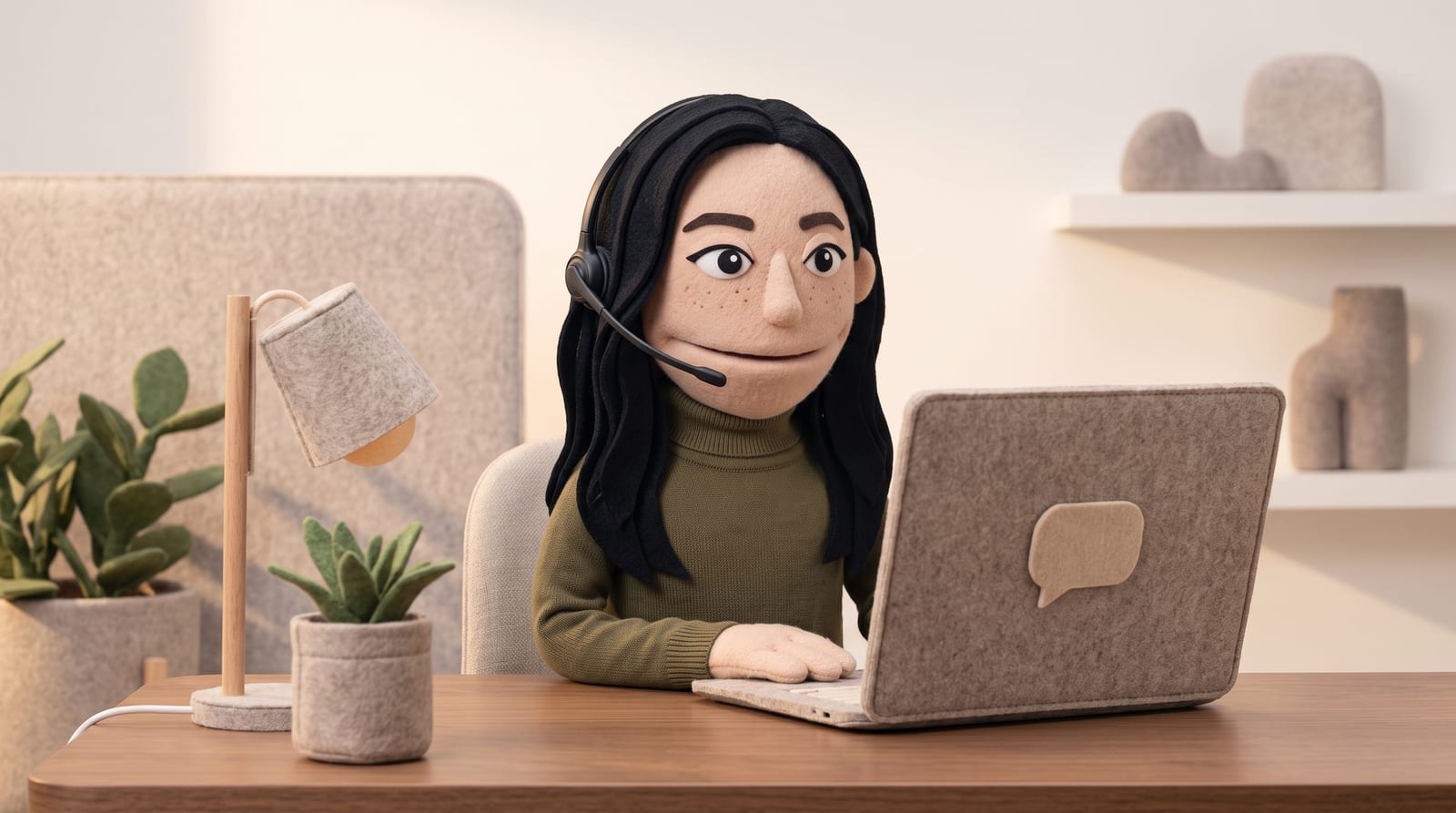 Felt puppet character with black hair and freckles wearing an olive turtleneck, seated at a customer-support desk wearing a headset and looking at a felt laptop showing an abstract chat bubble