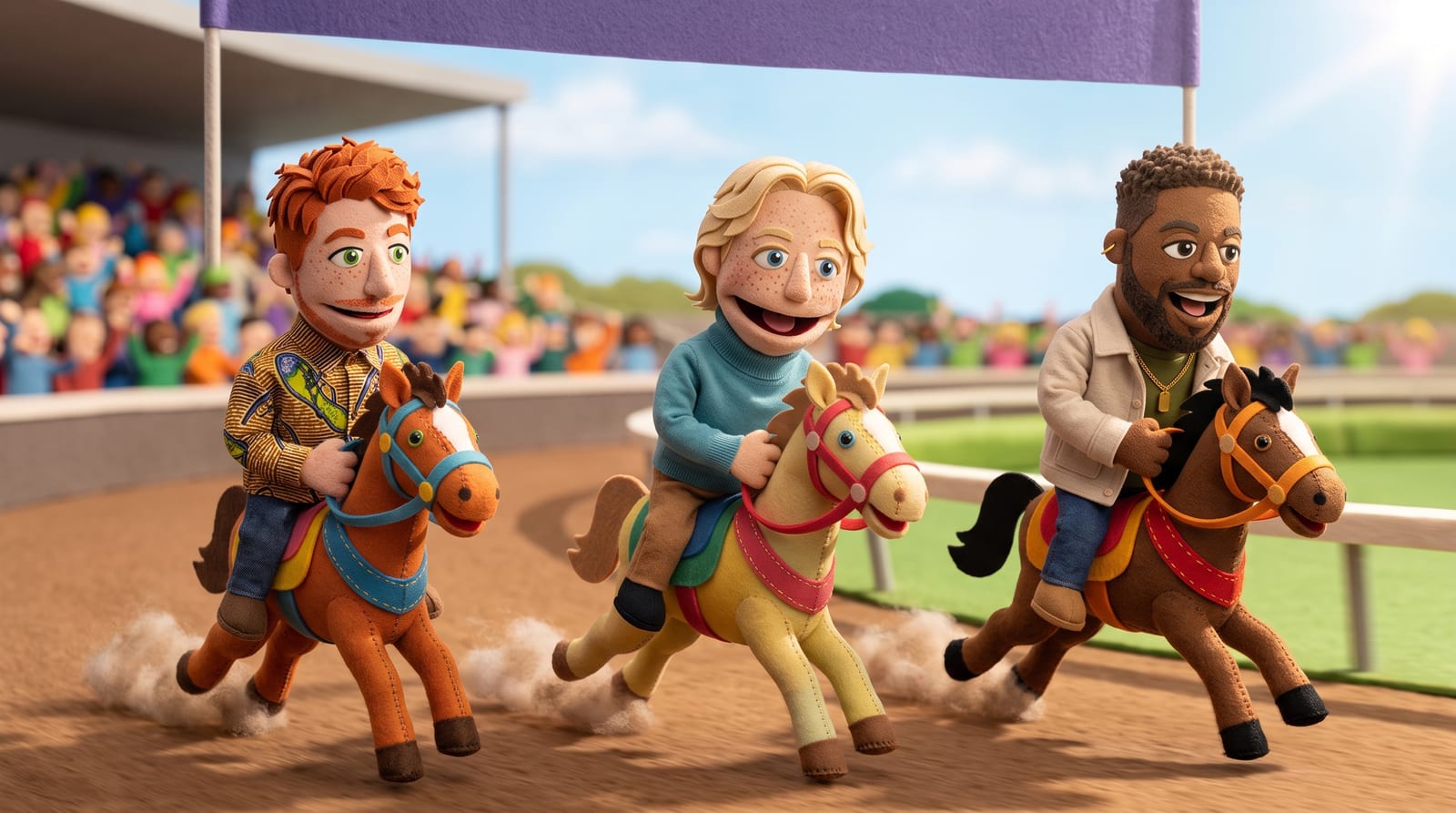 Three felt puppet characters racing side by side on felt toy horses at a racetrack, with a cheering crowd in the stands