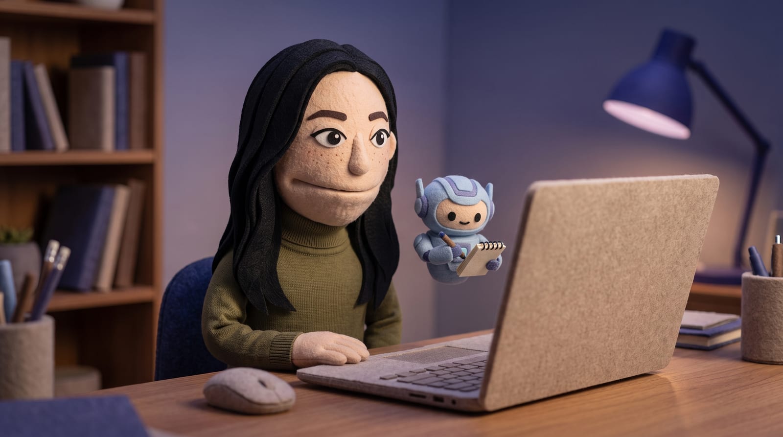Felt-puppet-style illustration of a puppet character sitting at a desk on a video call with a laptop, with a small AI agent puppet character quietly taking notes beside the screen, soft indigo lighting