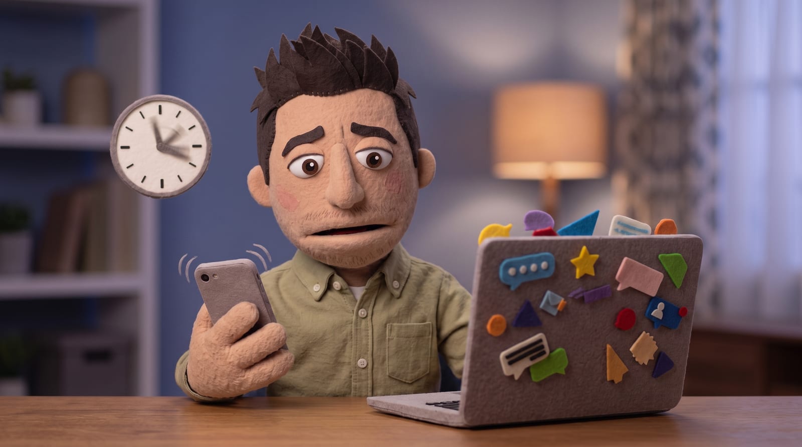 Felt puppet character at a desk looking overwhelmed by a buzzing phone and a laptop covered in scattered notification icons