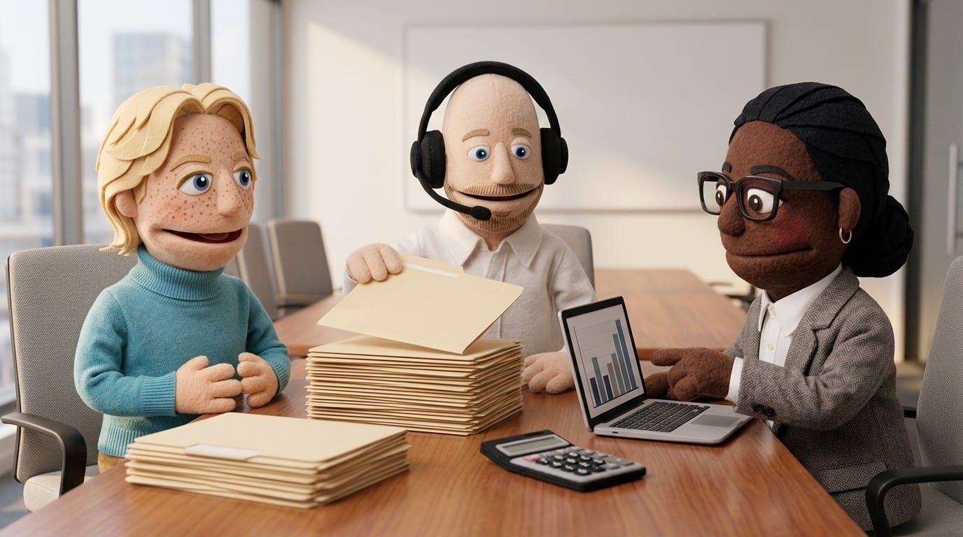 Three felt puppets around a conference table with stacks of plain folders, a felt calculator and a laptop showing bar charts