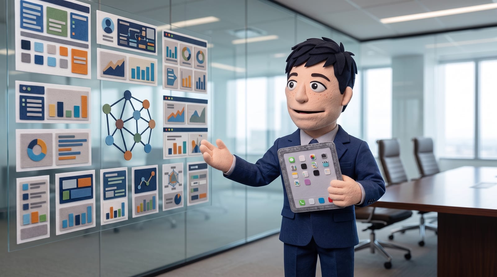 Felt puppet character in a navy suit standing in a glass-walled boardroom, presenting a wall display of abstract dashboard panels and a connected node diagram, holding a felt tablet