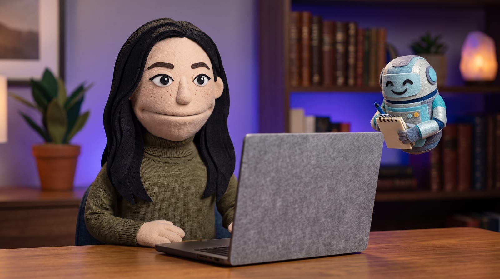 Felt-puppet-style illustration of a woman in a tweed blazer at her desk reviewing a laptop, with a small friendly felt AI-agent puppet character handing her a clipboard