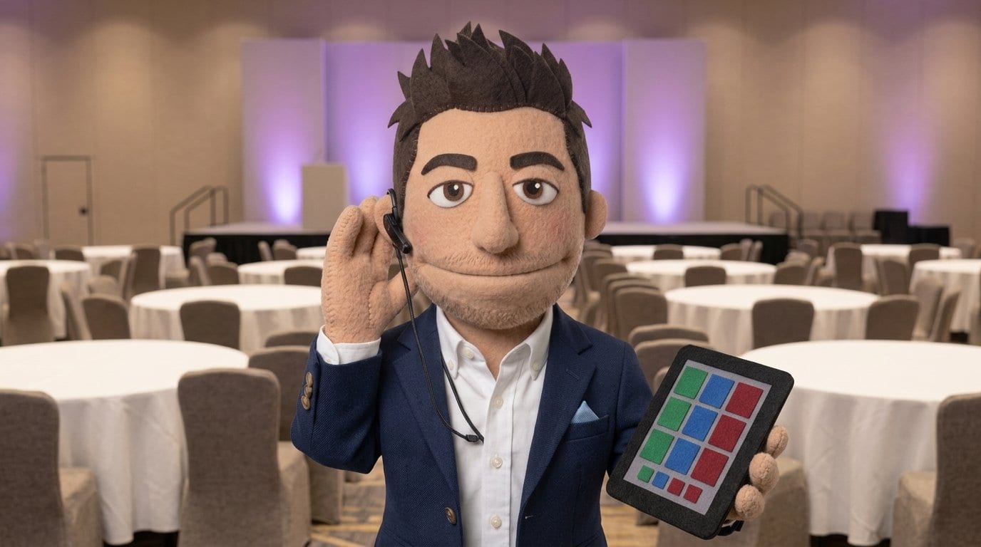 A felt puppet event coordinator wearing a headset stands in a ballroom being set up with round banquet tables, holding a tablet with an abstract seating grid