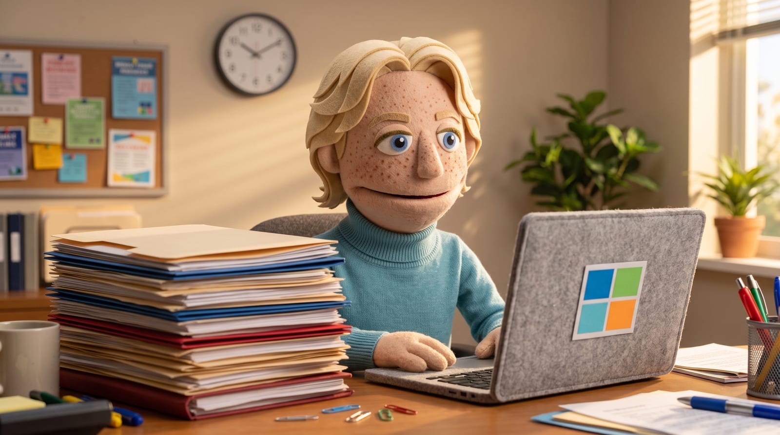 Felt puppet character with blonde hair and freckles sitting at a cluttered college financial-aid office desk, reviewing a stack of folders and a laptop with a wall clock in the background